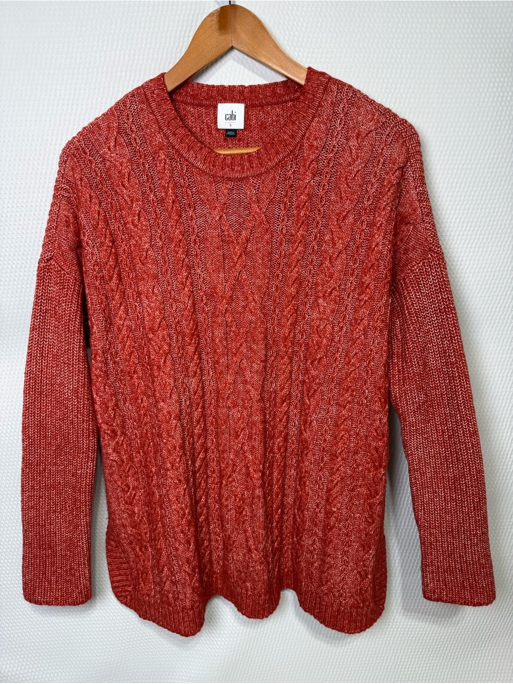 Cabi Cable Knit Sweater Womens Sz Small Dark Orange Crewneck Pullover Boxy 4280